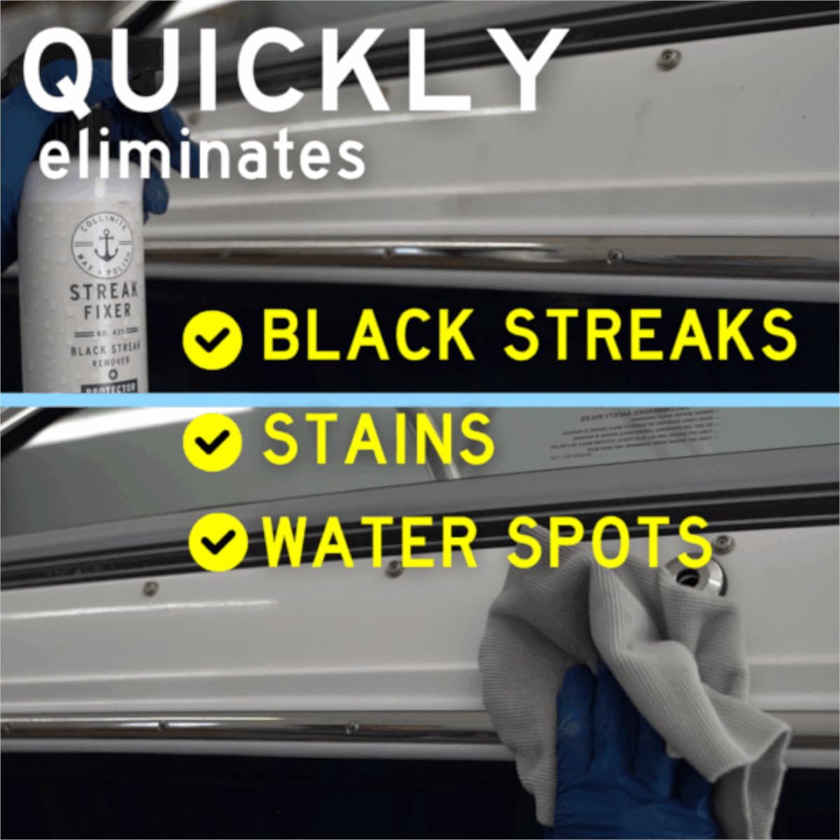 Collinite No 435 Streak Fixer Black Streak Remover 5teiliges Set – Schwarze Streifen effektiv von GFK, Kunststoff, Plastik im Auto, Wohnmobil oder Boot entfernen - Entfernt Schuhabrieb