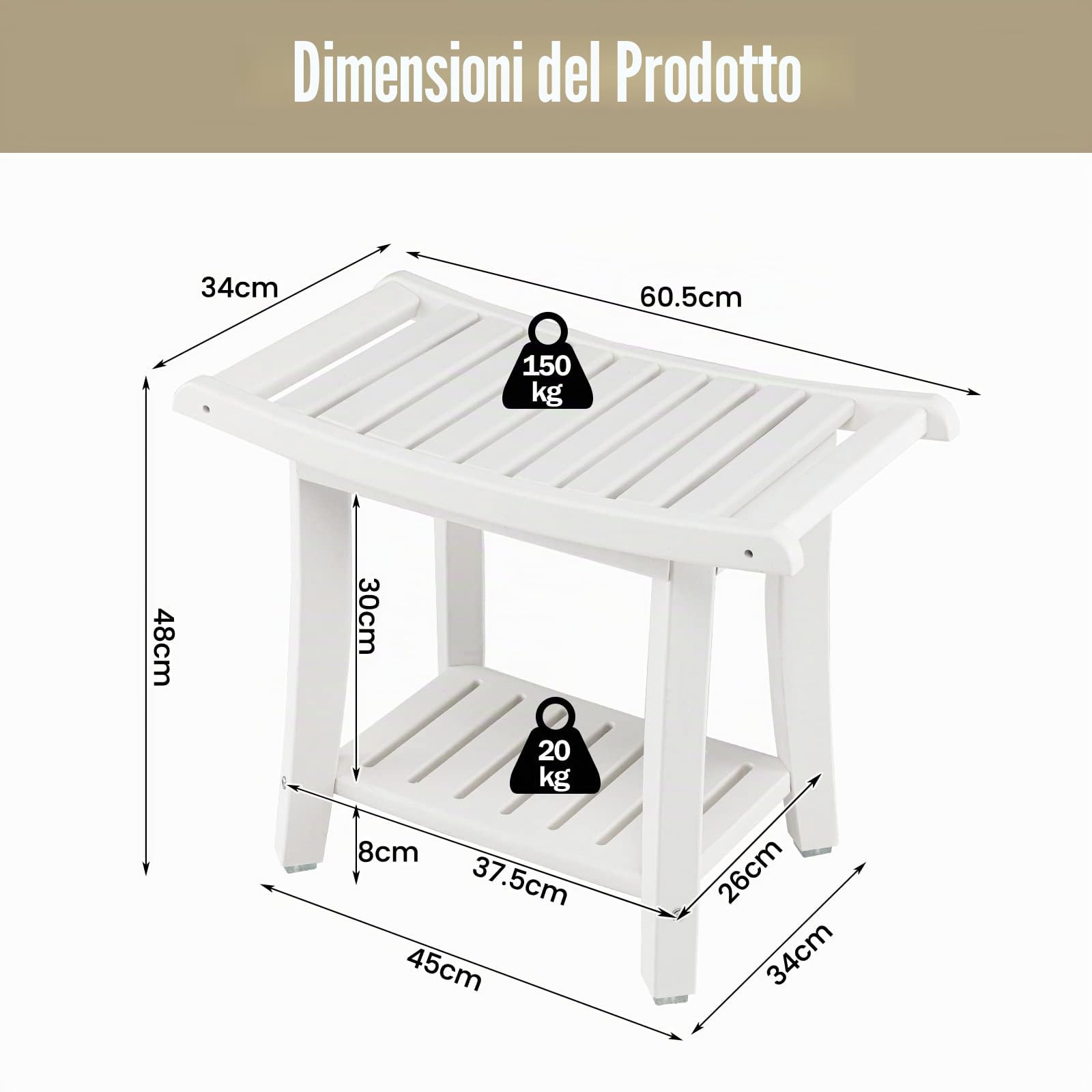 LIFEZEAL Sgabello da Bagno a 2 Livelli, Panca da Doccia Solida in HDPE Fino a 150 kg, Sgabello Doccia con Ripiano Portaoggetti per Adulti, Anziani, Bianco (60,5 x 34 x 48 cm)