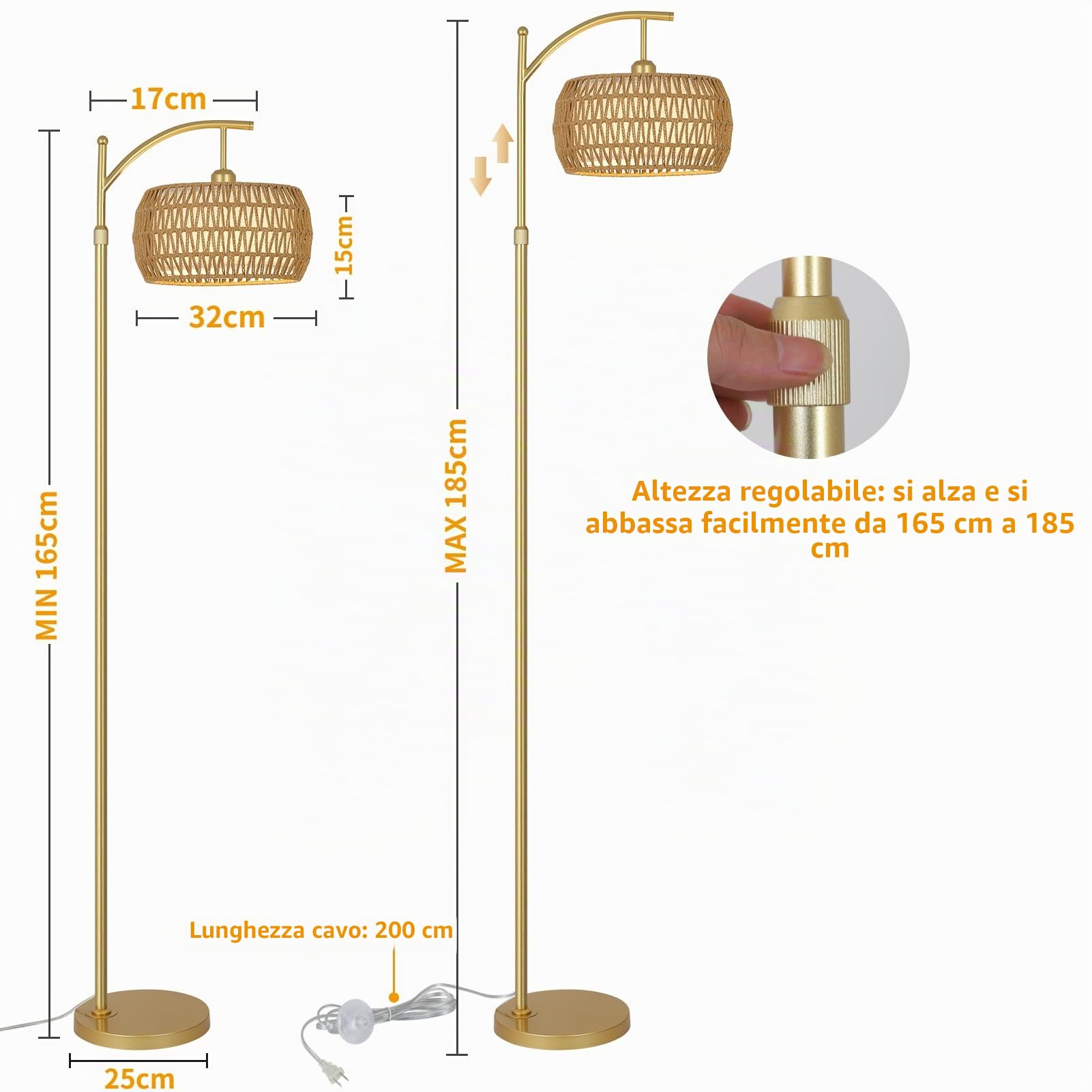 Rayofly Lampada da Terra Dorata da Soggiorno, Lampada da Terra in Rattan Dimmerabile con Telecomando, App di Controllo, Lampada da Pavimento Boho con Paralume in Rattan per Camera da Letto, Ufficio
