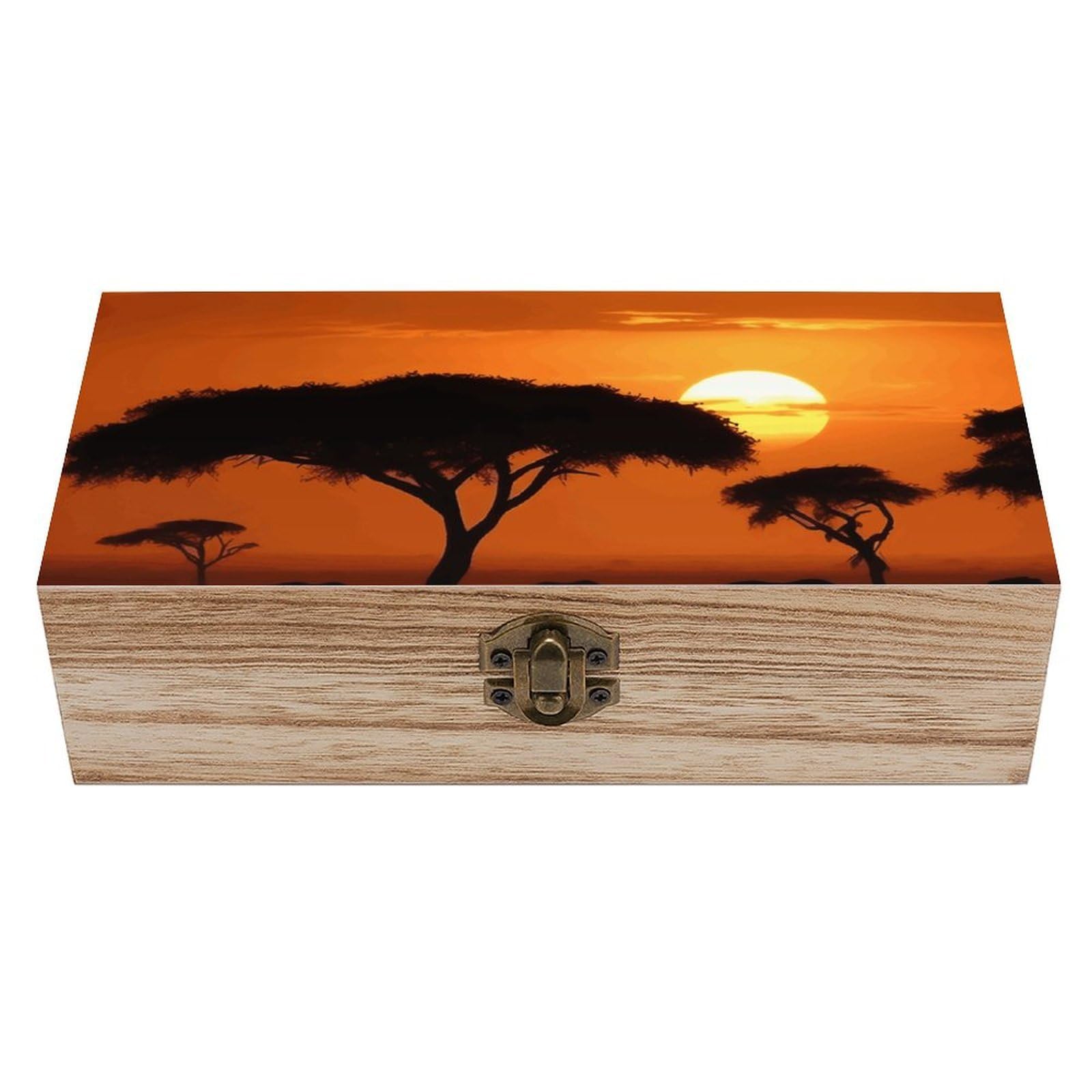 Sunset African Savanna Wooden Keepsake Box Storage Boxes with Hinged Lid
