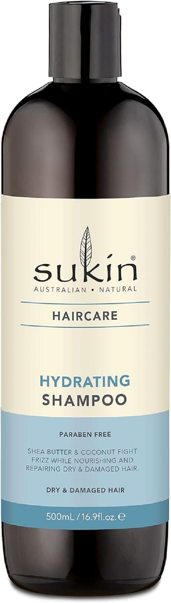 Sukin Hydrating Shampoo 500ml - moisturises scalp and repairs dry and damaged hair, adds shine and tames frizz - with Coconut Oil & Shea Butter; cruelty free & vegan friendly.