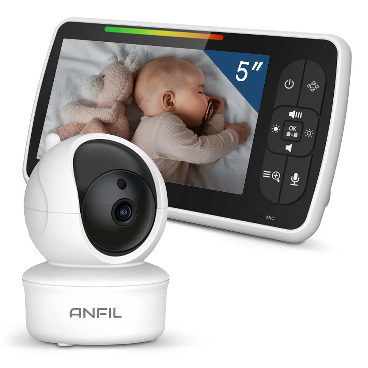 ANFIL® Babyphone mit Kamera 5 Zoll Zwei-Wege-Audio, Nachtsicht - Baby-Überwachungssicherheitssystem mit VOX-Modus - 30 Stunden Akku, Temperatur, Nachtsicht - 355° Schwenken- und 120° Neige-Zoomen