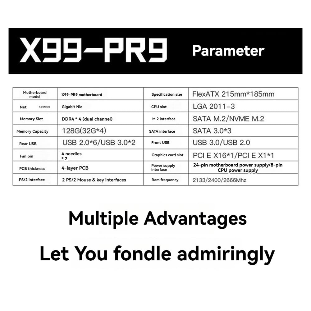 Scheda Madre X99 PR9 per Processore CPU LGA 2011-3, Kit Completo, Supporta 4 Moduli di RAM DDR4, M.2/NVME M.2 con Processore CPU E5 2666v3, Interfaccia 3.0