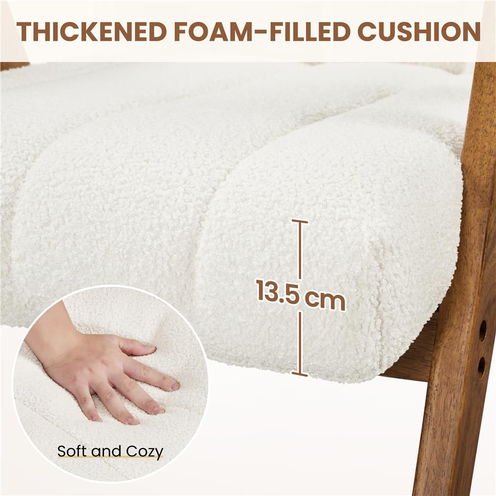 Yaheetech Sillón de Salón con Patas de Madera Maciza Respaldo y Cojín de Asiento Acolchado Sillón Relax Tapizado en Tela Bucle para Rincones de Lectura Salas de Estar Blanco