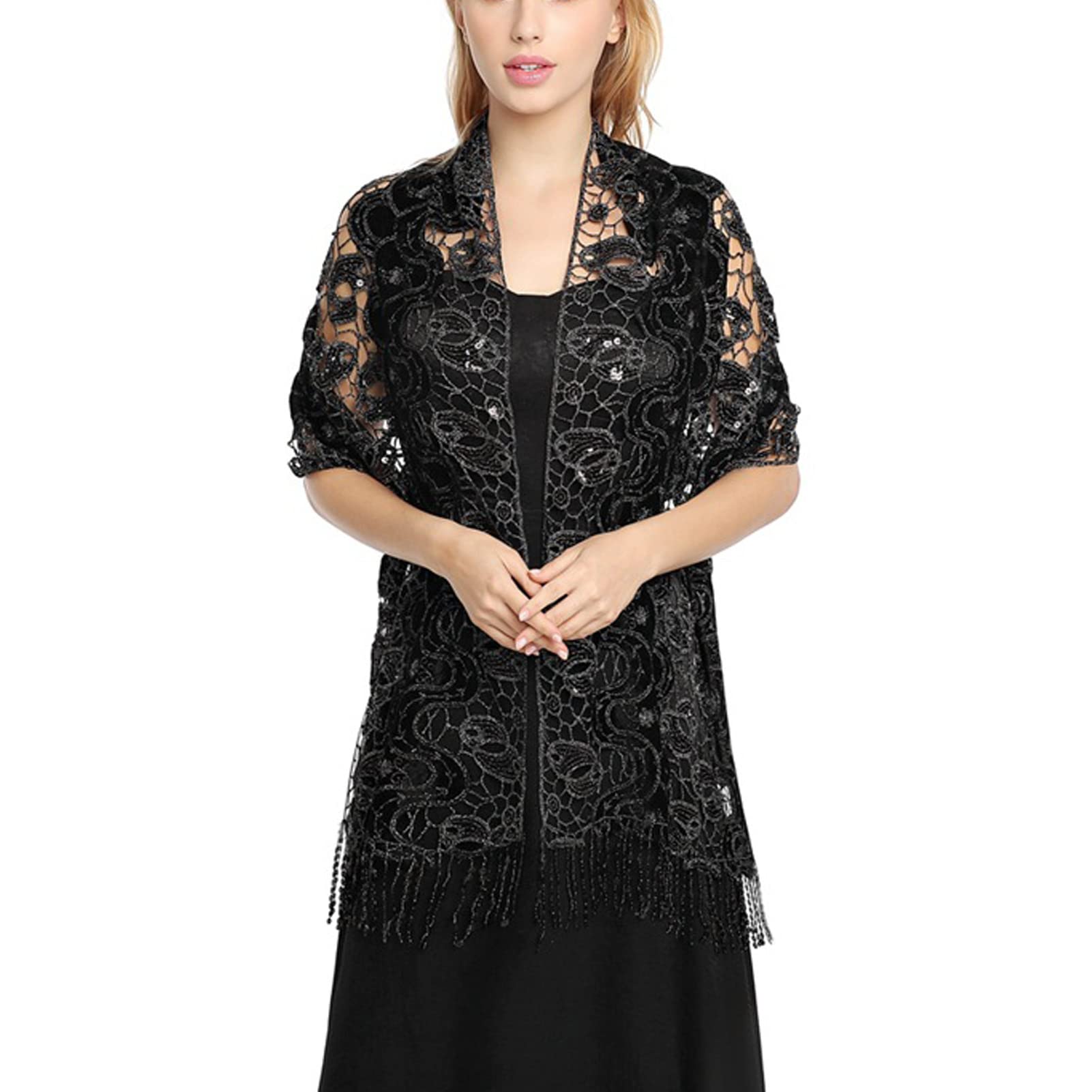 CrEev Bufandas de chal de encaje floral para mujer, bufanda de fiesta con borlas de playa de verano, chales de lentejuelas para novia, vestidos de fiesta de noche de boda, 09-175 cm