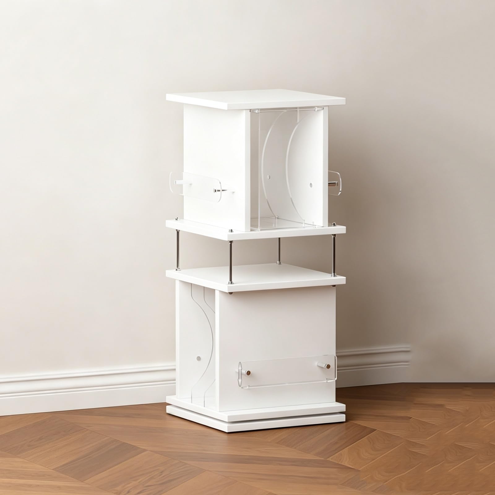 Portadischi vinile rotante 3 livelli in legno, mobile giradischi. | Mobile porta CD e cassette, rack audio con tubi in acciaio rinforzati per casa.(White)