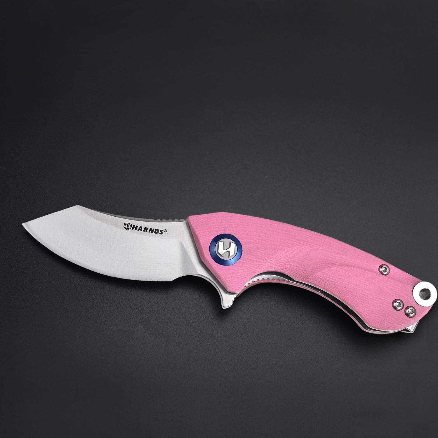 Harnds Outdoor Cuchillo Plegable Hoja Sandvik 14C28N Cuchillo de Camping con Clip de Bolsillo Mango G10 Cuchillo de Camping con apertura de cremallera para la Supervivencia en el Camping (Rosa)