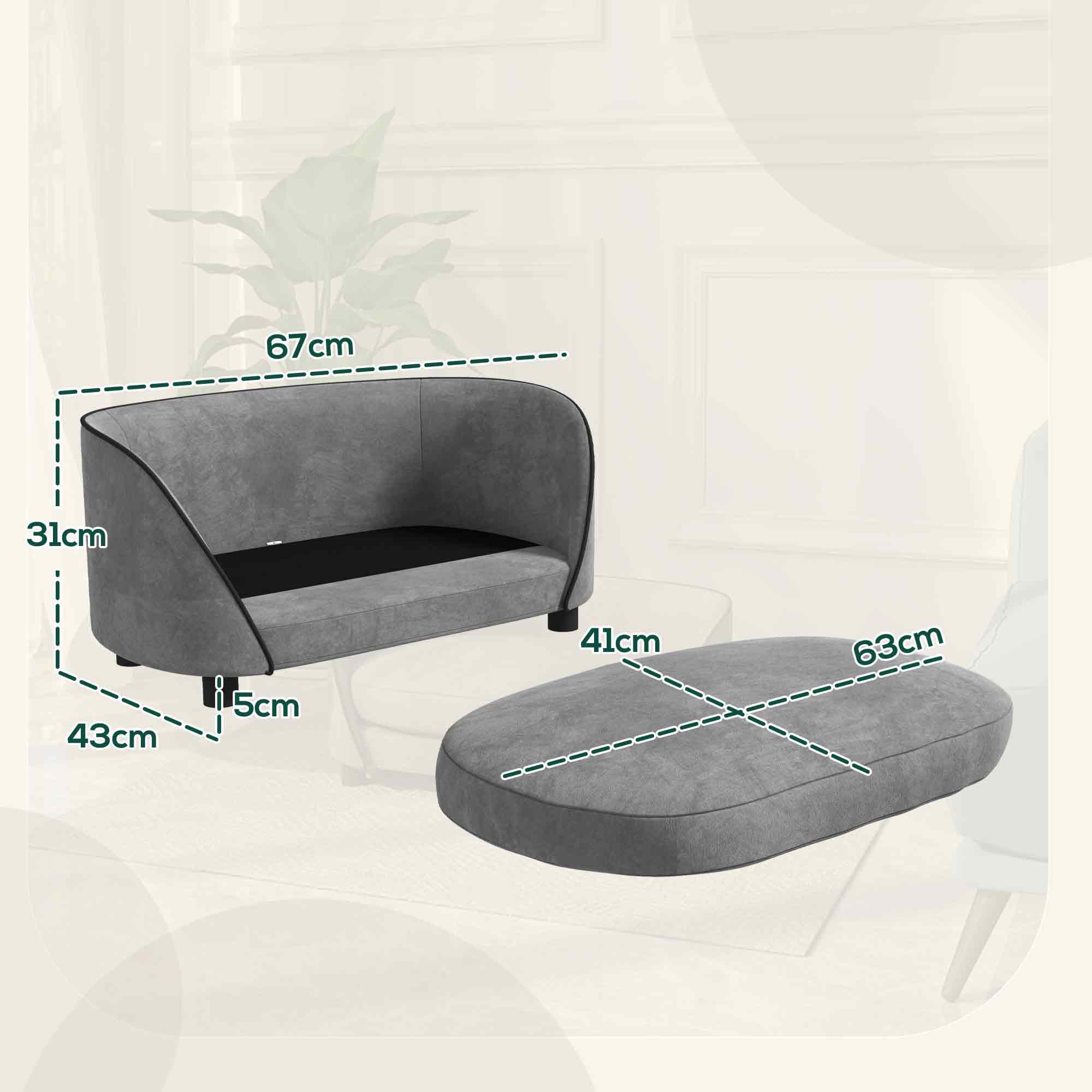 PawHut Canapé pour Chien, canapé pour Chat, Coussin Doux, Housse Amovible et Lavable, revêtement en Velours néerlandais, pour Chiens de Petite à Moyenne Taille, Gris