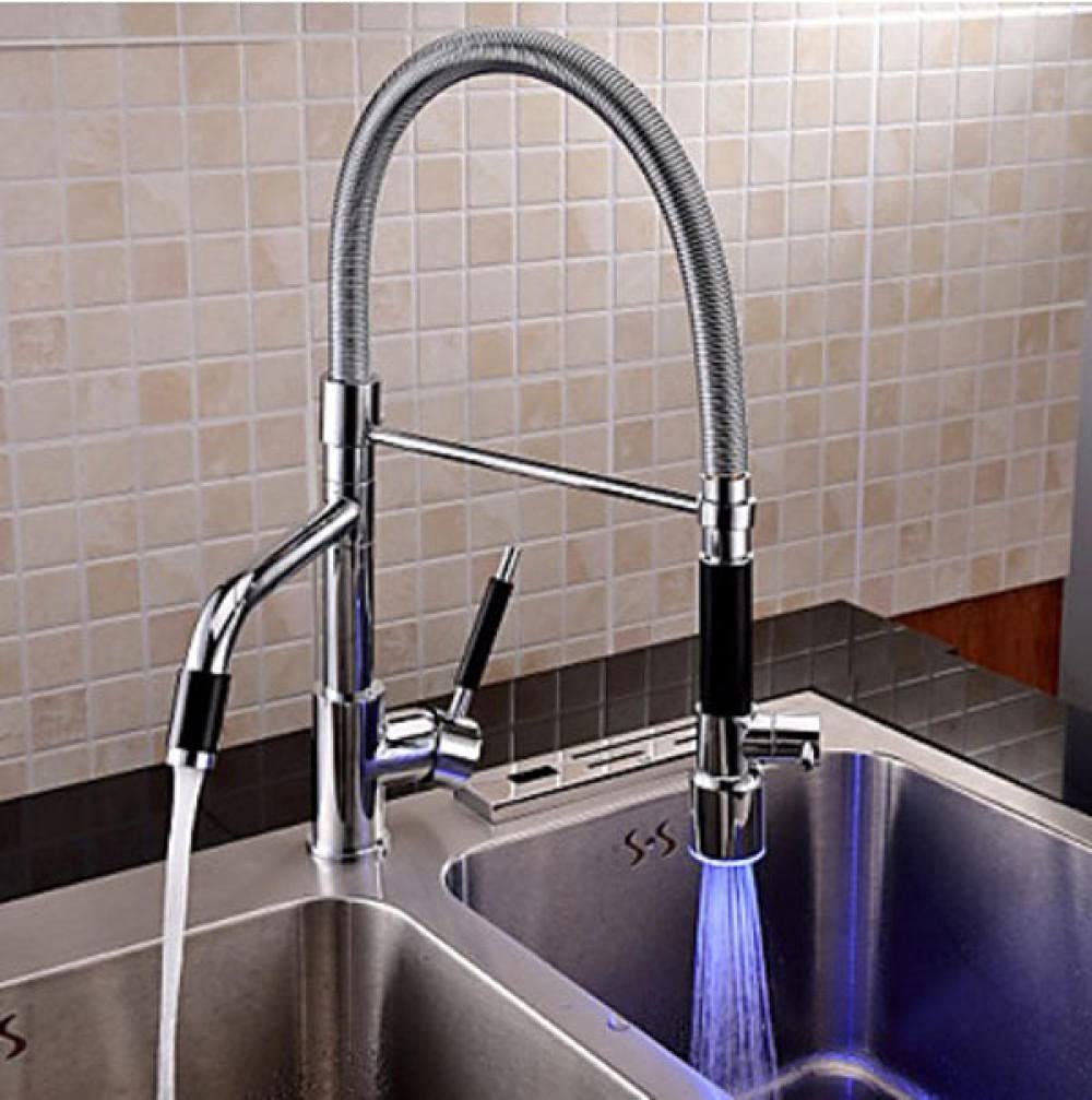 ZBBDFAZD Contemporary Chrome Finish LED tap Rotatable Tall Kitchen Faucet Pull Out Sprayer