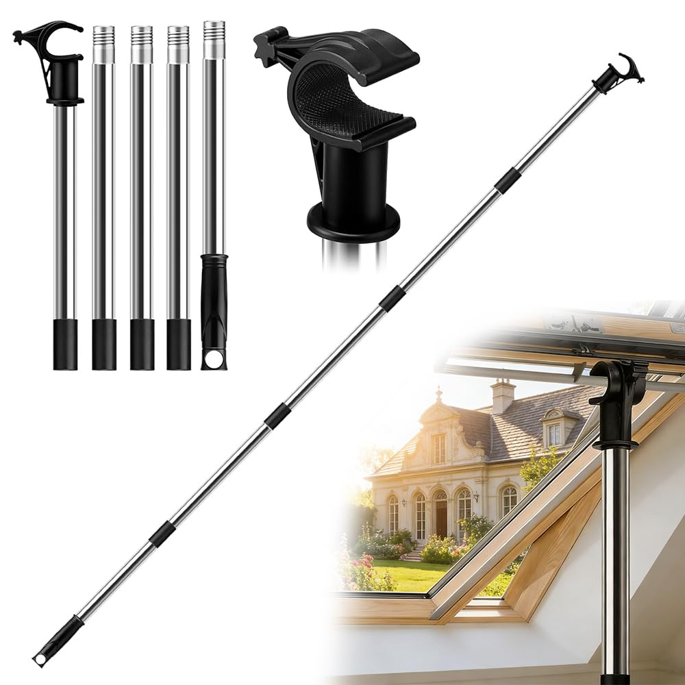 Zmcvoe Sliver Window Pole Opener, 1.86M Window Pole Opener With Hook, Telescopic Pole For Roof Windows And Blinds, Stainless Steel Multi - Part Loft Hatch Pole For Velux Ggl & Ggu Skylight Roof Windows