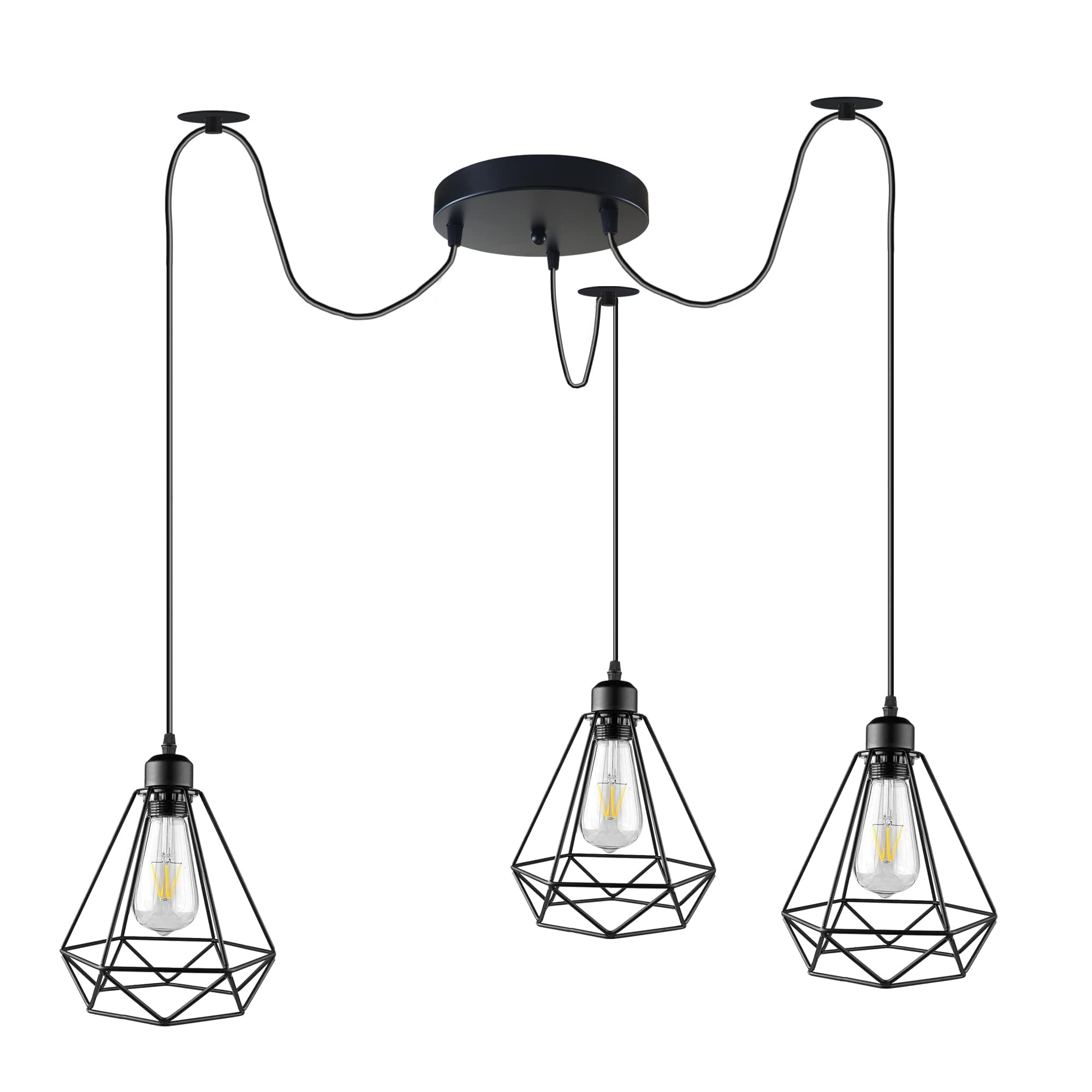 DC VOLTAGE Industrial Spider Pendant Light, 3 Light Hanging Ceiling Lamp with Adjustable 2m Cables and E27 Metal Shades for Kitchen Island Dining Room (Style 6 with Bulb)