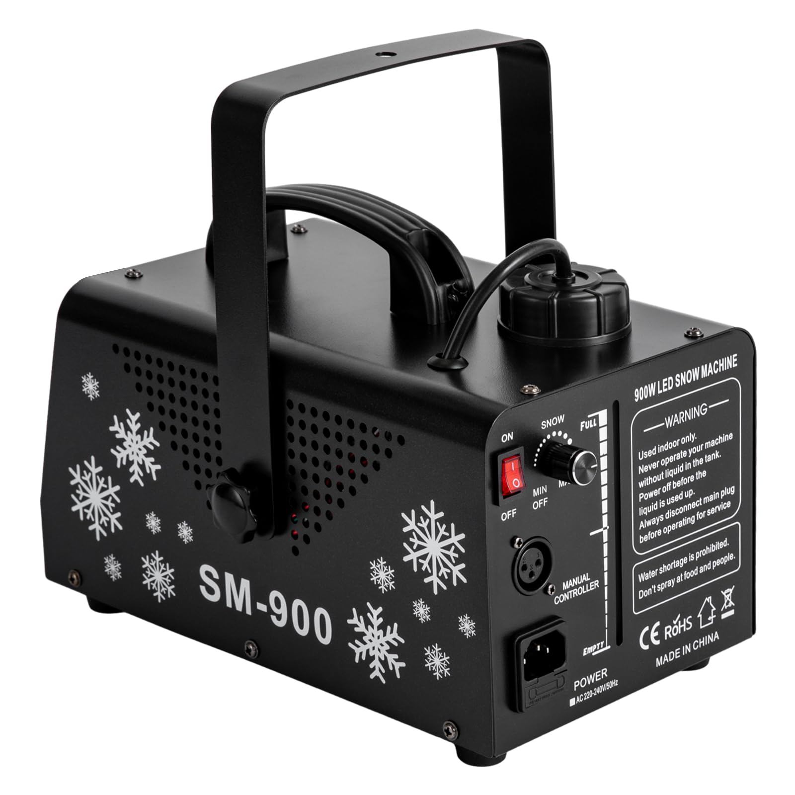 Macchina della neve con telecomando da 900 W - Cannone da neve portatile con 9 luci LED RGB, serbatoio da 1 litro, incluso gancio per Halloween, Natale, matrimoni, feste e palchi DJ 220-240V