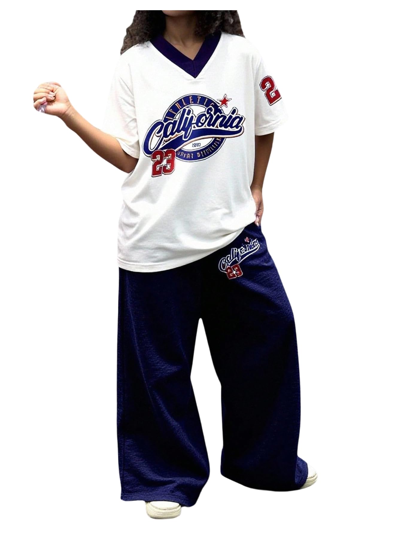 SOLY HUX Girl's Sporty Outfits Number Graphic Jersey Shirt and Baggy Sweatpants Suit 2 Piece Set
