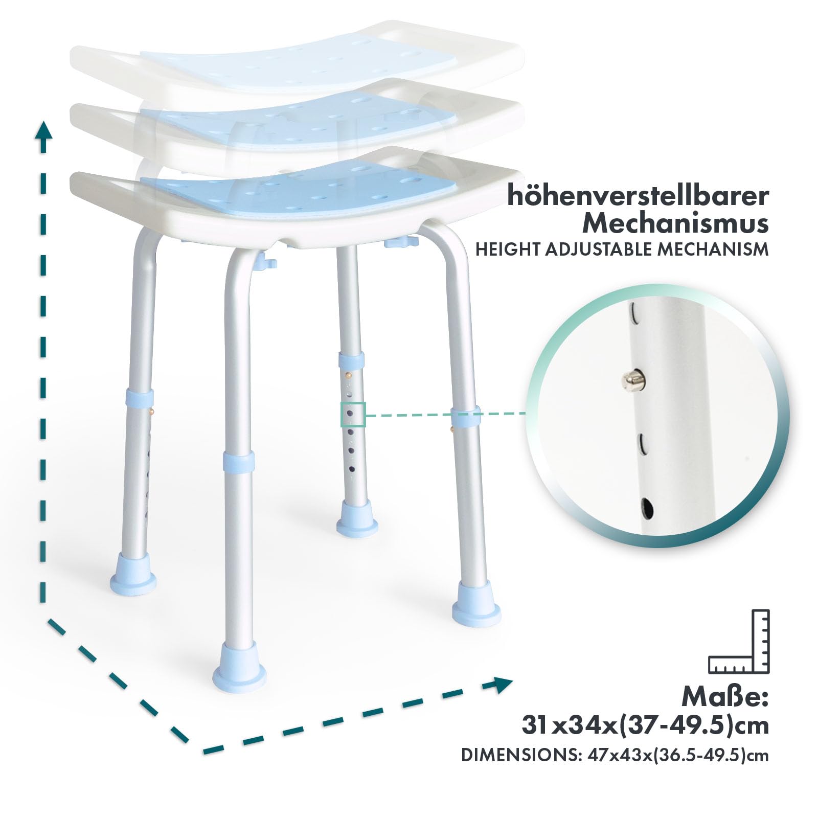 Floordirekt Taboret prysznicowy Nora – krzesło prysznicowe z regulacją wysokości 37,5-49,5 cm – obciążenie do 136 kg