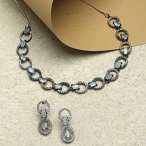 Image of ZENEME Rhodium-Plated American Diamond Studded Disc-Shaped Necklace With Earrings Jewellery Set For Girls and Women
