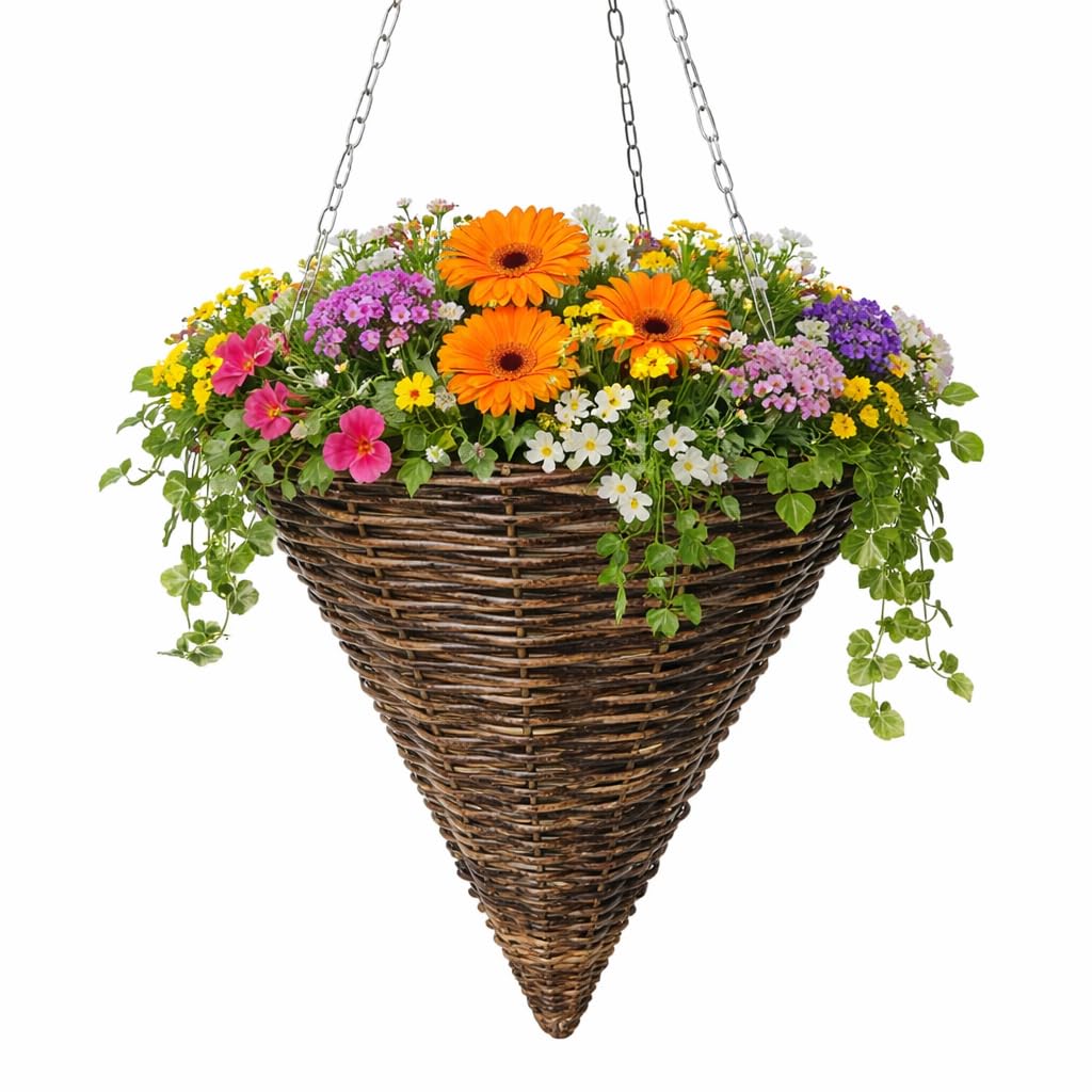 Garden Mile Brown 14” Cone Rattan Hanging Baskets – Wicker Planter With Liner & Rust Resistant Metal Chain – Outdoor Hanging Flower Pots For Garden, Balcony & Patio