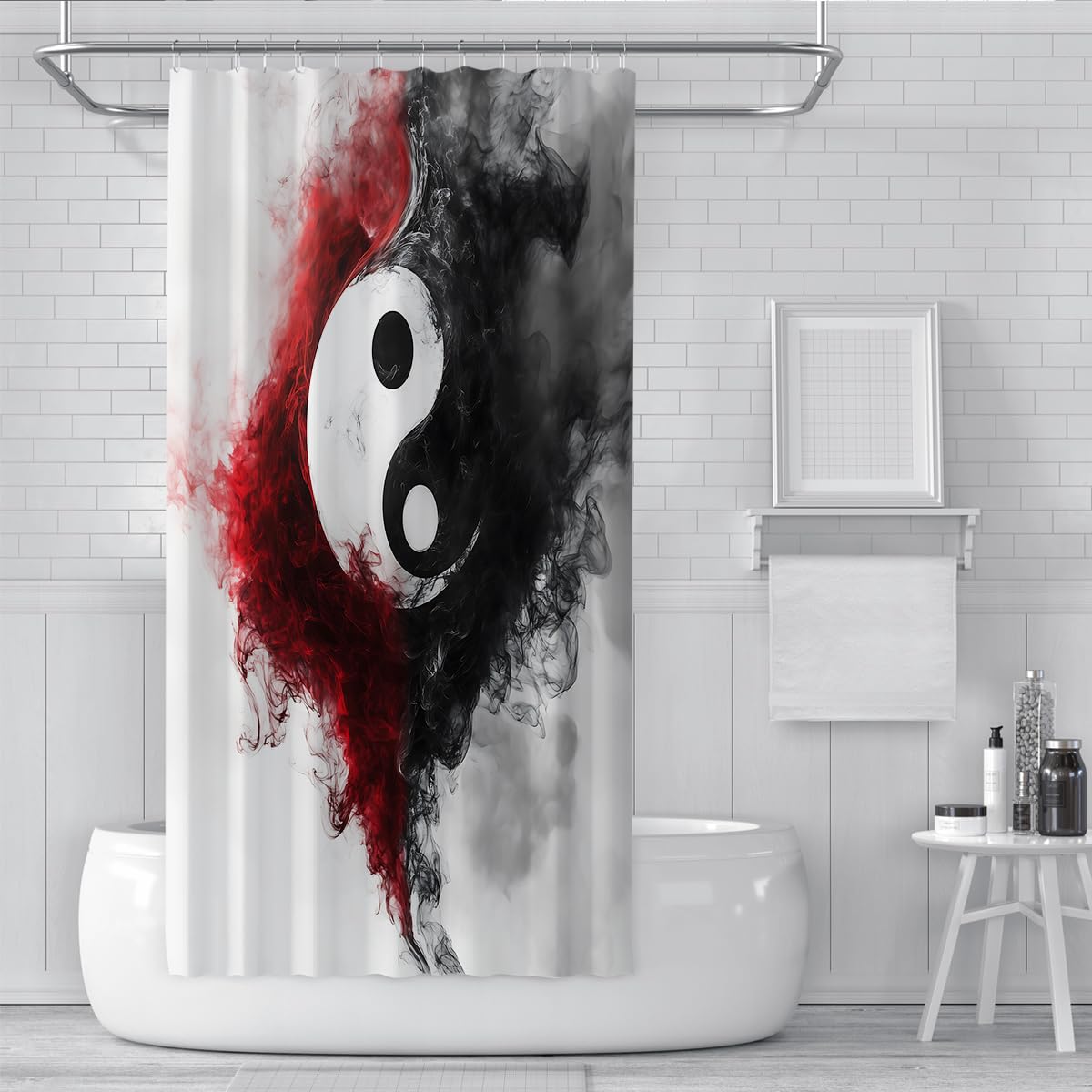 Ink Fluid Art Yin Yang Duschvorhang Rot, Schwarz & Weiß Taiji Stoff Badevorhang Abstrakt Aquarell Balance Badezimmerdekoration Wasserdicht 200 x 240 cm