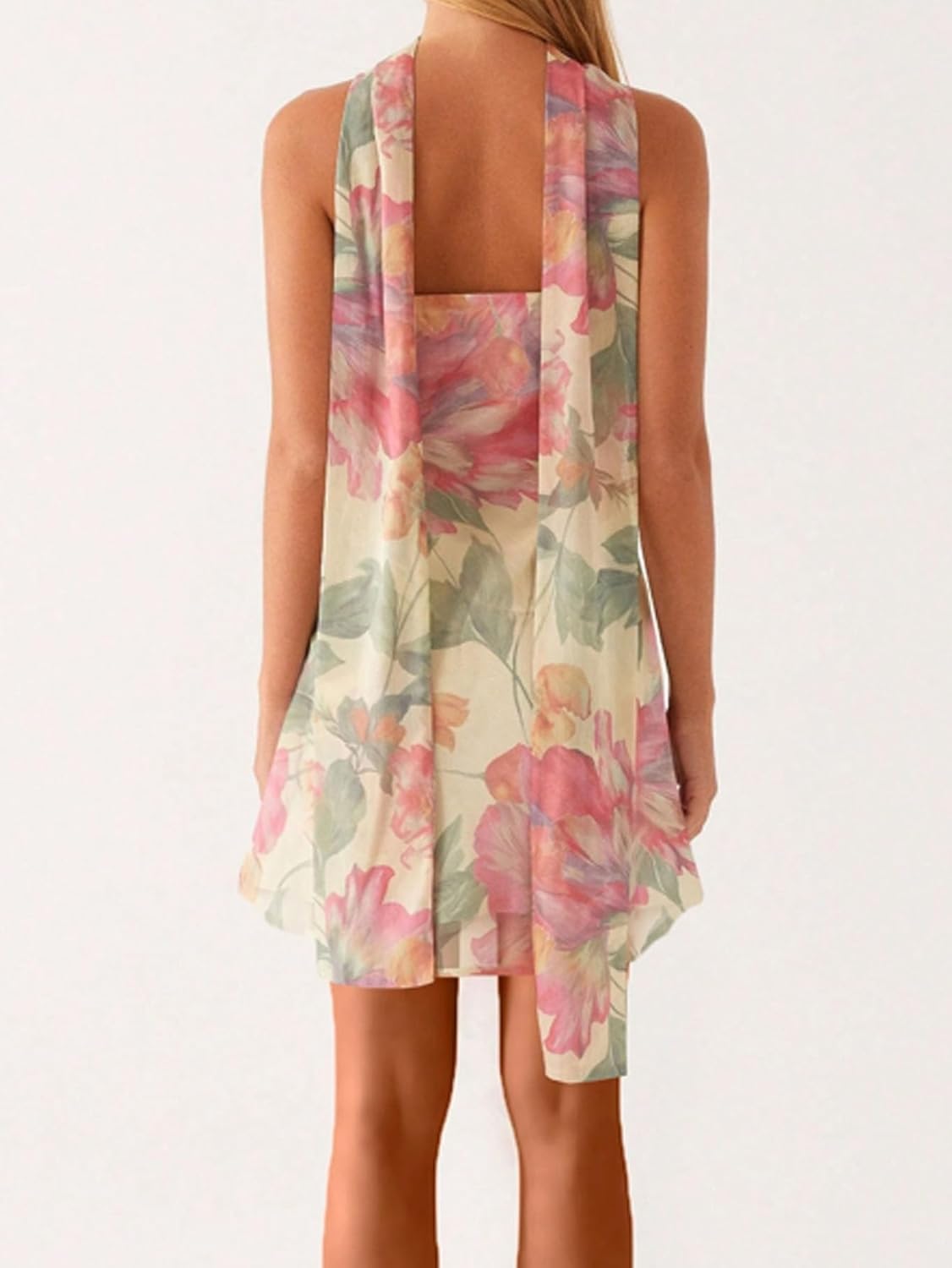 Naileksi Women Strapless Floral Print Mini Dress with Scarf Casual Tube Mesh Short Dress Summer Wedding Guest Dress
