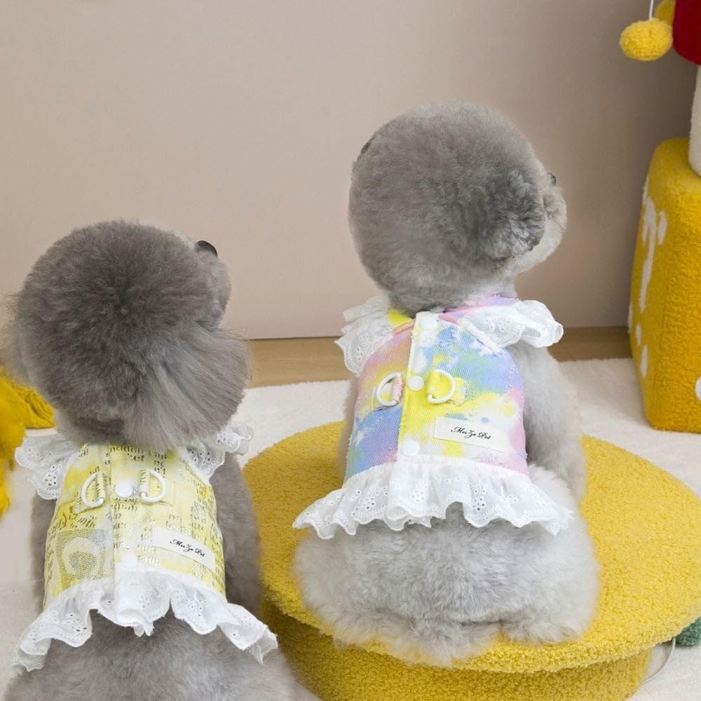 2PCS Breathable Dog Dress with Lace Trim & D-Rings, Stylish Outfit for Small Dogs, Cats, Yorkies & Chihuahuas, Elegant Pet Dress, Puppy Dresses for Girls(2PCS A,L)