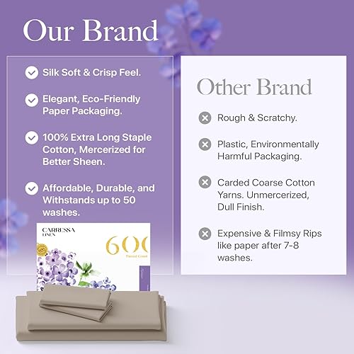 Miniatura 6 de Carressa Linen Juego de sábanas de algodón egipcio suave de fibra larga de 600 hilos, juego de 4 piezas, sábanas matrimoniales, hasta 17 pulgadas de