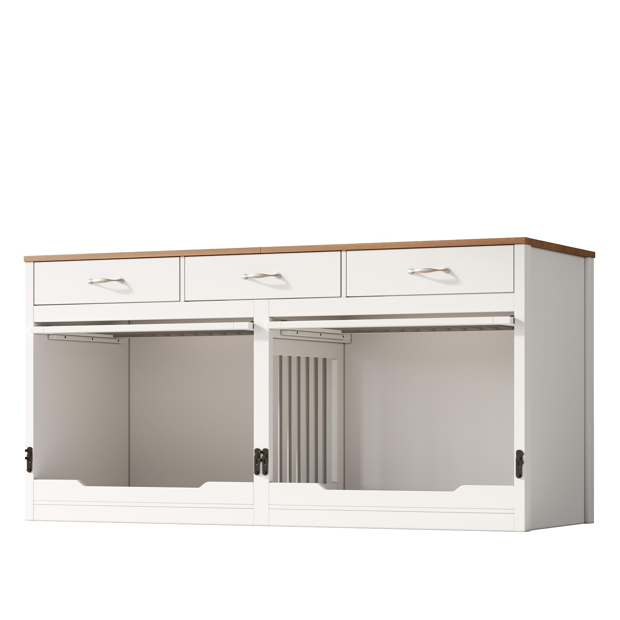 Gabbia per cani XXL, in legno e metallo, con 3 cassetti e 2 ante, cuccia interna per cani, per la casa, coperchio pieghevole, divisorio rimovibile (bianco + effetto legno)