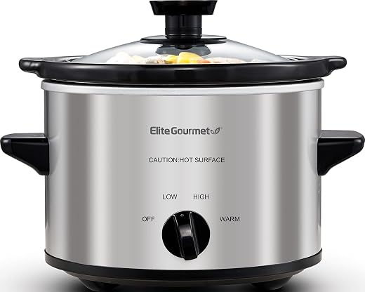 Elite Gourmet MST-250XS Electric Slow Cooker Ceramic Pot, Adjustable Temp, Entrees, Sauces, Stews & Dips, Dishwasher Safe Glass Lid & Crock, 1.5 Quart, Stainless Steel