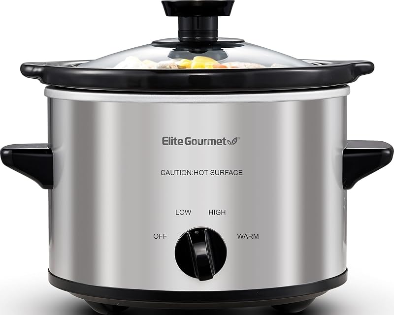 Maxi-Matic MST-250XS Electric Ceramic Slow Cooker, 1.5 Qt, Stainless Steel | Adjustable Temp, Dishwasher-Safe Glass Lid & Crock - Great for Entrees, Sauces, Stews & Dips