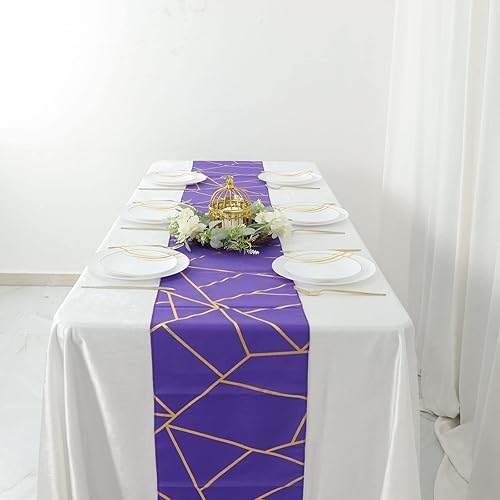 Miniatura 7 de Efavormart - Camino de mesa de poliéster con patrón geométrico de lámina dorada morada de 9 pies