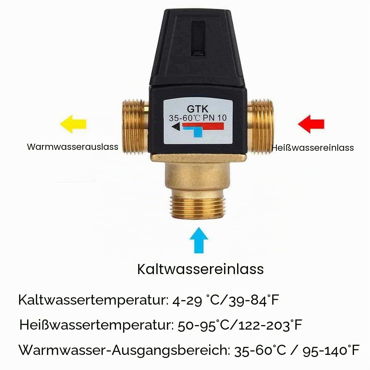 Thermostatisches Mischventil für Solarwarmwasserbereiter 3 Wege DN20 Außengewinde Messing, hochwertiges und langlebiges Thermostatventil