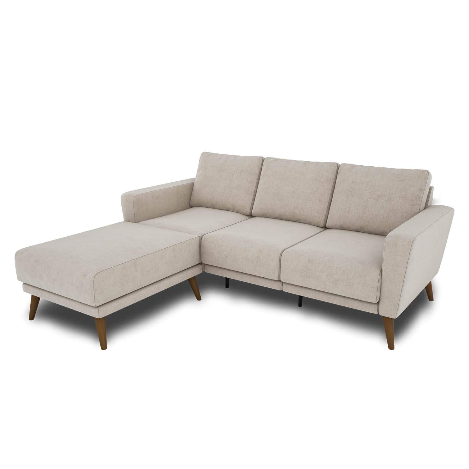 Lotta trzyosobowa sofa do salonu rozkładana - kanapa 3-osobowa - sofa tapicerowana - szer. 202 cm - szezlong lewy - kremowy - drewniane nóżki odcień orzecha