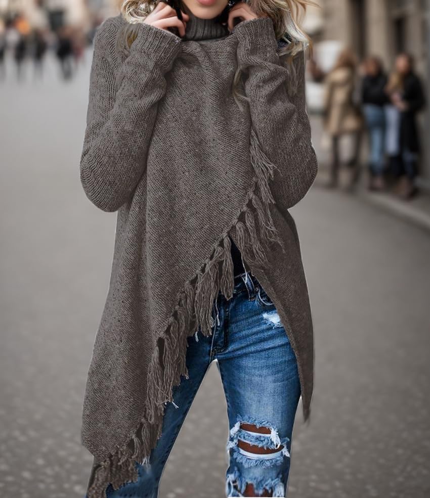 Image of Women's Open Front Knited Tassels Slash Loose Cardigan Crew Neck Speckled Fringe Sweater Outwear