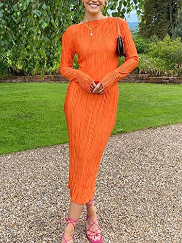 Annystore Women's Long Sleeve Loose Dress Pleated Crew Neck Slim Bodycon Plain Casual Maxi Dresses Cocktail Party Clubwear Orange M #TOP2
