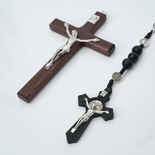Miniatura 3 de MelinSam Cruz de pared de crucifijo, cruz católica hecha a mano con cuentas de rosario de madera, collar con colgante y piedras inspiradoras de