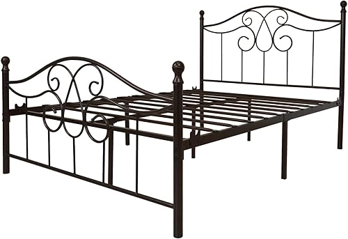 Miniatura 33 de TUSEER Base de cama de metal tamaño Queen con cabecero vintage y base de plataforma de estribo, marco de cama de hierro forjado (Queen, marrón
