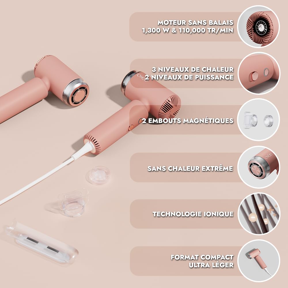 Osée - Hydra Blow - Sèche-cheveux puissant - 1,300 W, 2 Embouts magnétiques, 3 Températures, 2 Vitesses, Technologie ionique, Ergonomique & Léger