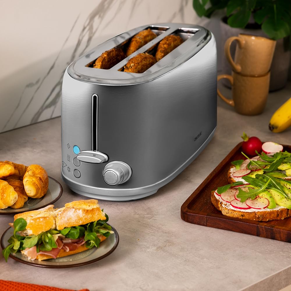 Cecotec Toast&Taste 1600 Retro Double Inox Tostapane, 4 fette, 1630 W, 2 fessure larghe da 3,8 cm e lunghe, in acciaio inox, aste superiori, potenza regolabile, vassoio raccogli briciole