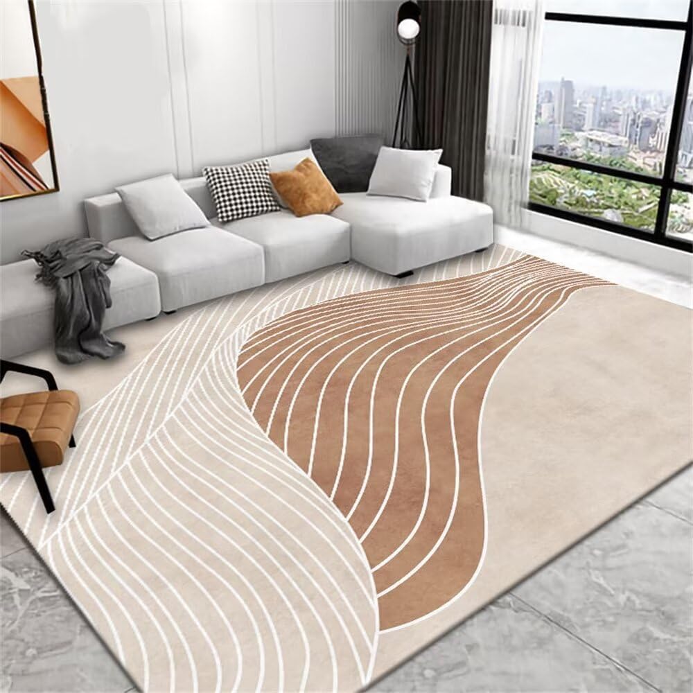 Tapis à poils courts lavable moderne blanc et marron pour grand salon
