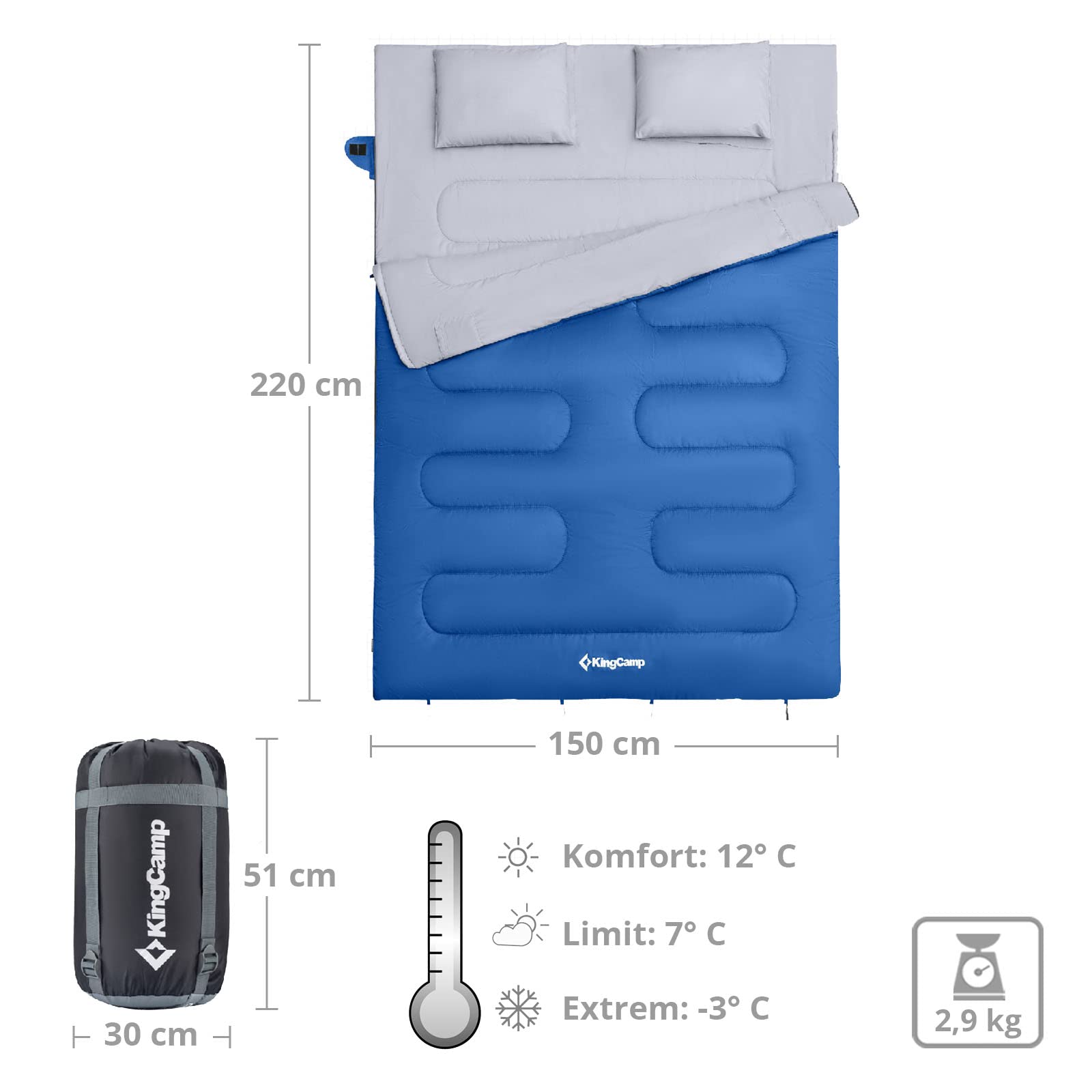 KingCamp Oxygen 250 D Sac de couchage double pour 2 personnes XL long -3 °C Bleu ciel