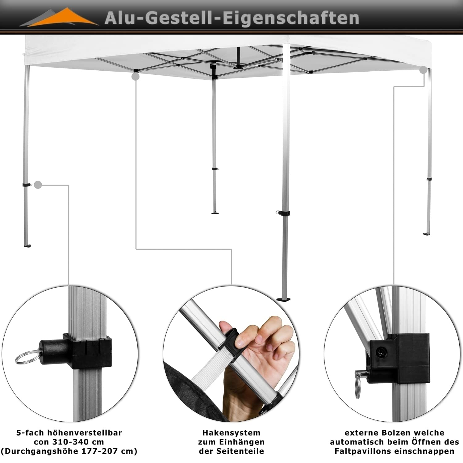 INSTENT Alu-Pavillon 3 x 3 m Pro wasserdicht UV Schutz 50+, urban mit 4 Seitenteilen