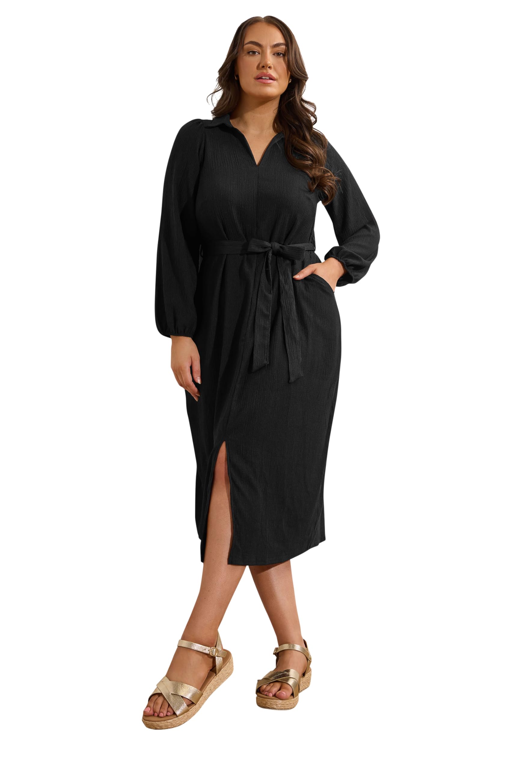 Evans Women's Black Curve Crepe Belted Shirt Dress - Plus Size Curve