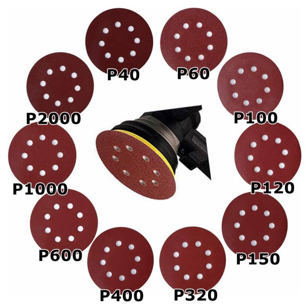 10 pièces 5 pouces 8 trous disque abrasif rond 40—1000 papiers abrasifs à grain assorti ponceuse papier abrasif rond, 10 pièces rouge, grain 1200