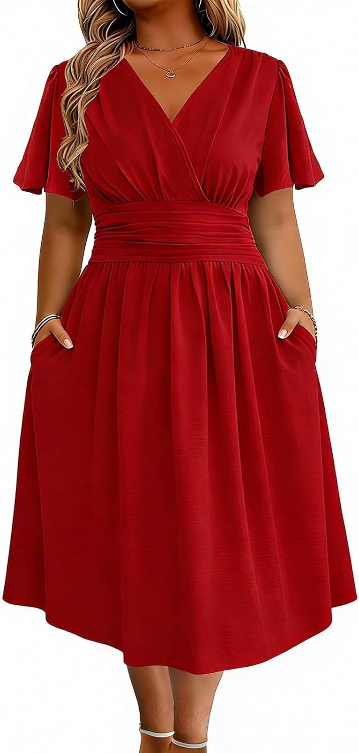 Women's Wrap V Neck Short Flared Sleeve Wedding Guest Dress Smocked Elastic Waist Belted Mini Dress with Pockets