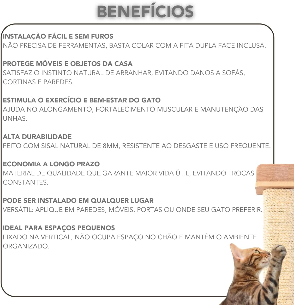 Arranhador de Parede para Gatos Sem Necessidade de Furar a Parede 80cm de Altura Resistente Sisal de 8mm (Marrom)