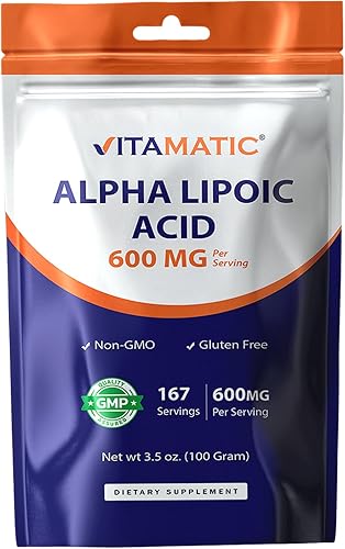 Vitamatic Ácido alfa lipoico puro (ALA) 600 mg por porción, 167 porciones, sin OMG y sin gluten