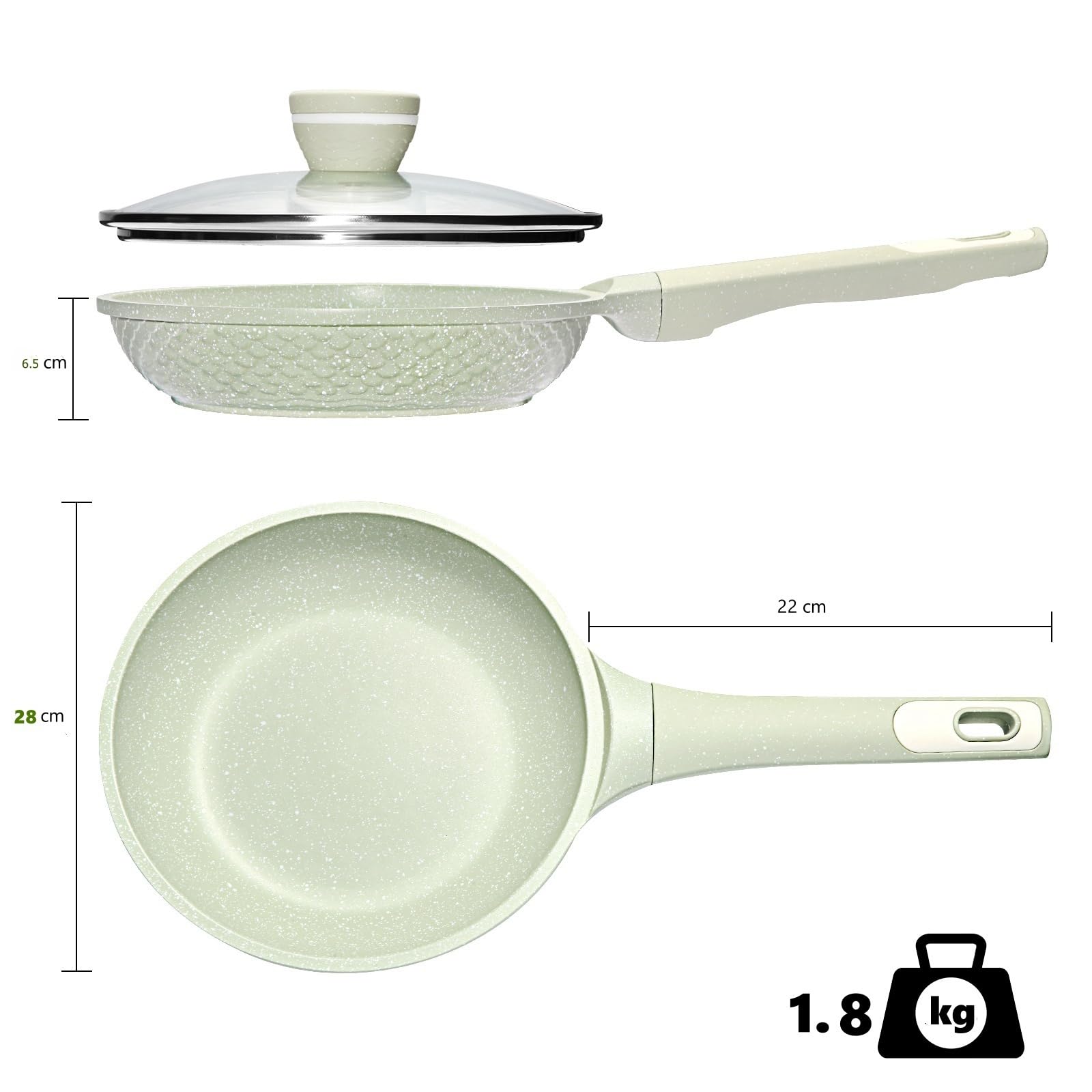 DYGG Patelnia nieprzywierająca 28 cm ze szklaną pokrywką, 100% patelni granitowej bez PFOA/PFAS, ultra nieprzywierająca powierzchnia do jajek i omletów, kompatybilna indukcyjnie ze wszystkimi płytami