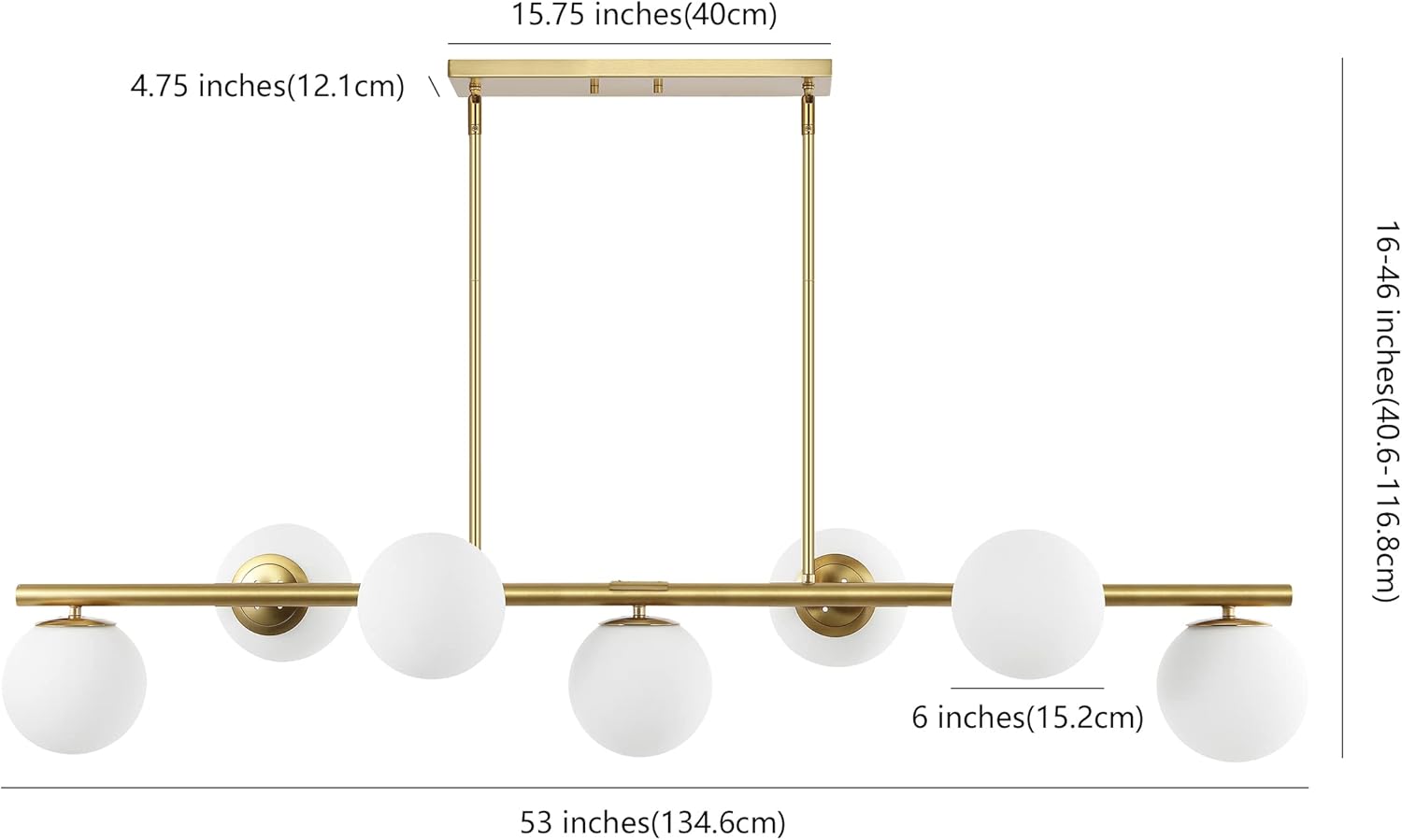 JONATHAN Y 53" Brass Gold 7-Light Linear Pendant for Kitchen Island Decor, Modern Midcentury Glam Chandelier, Frosted White Glass Globe Shades, LED Bulbs Included JYL7573A