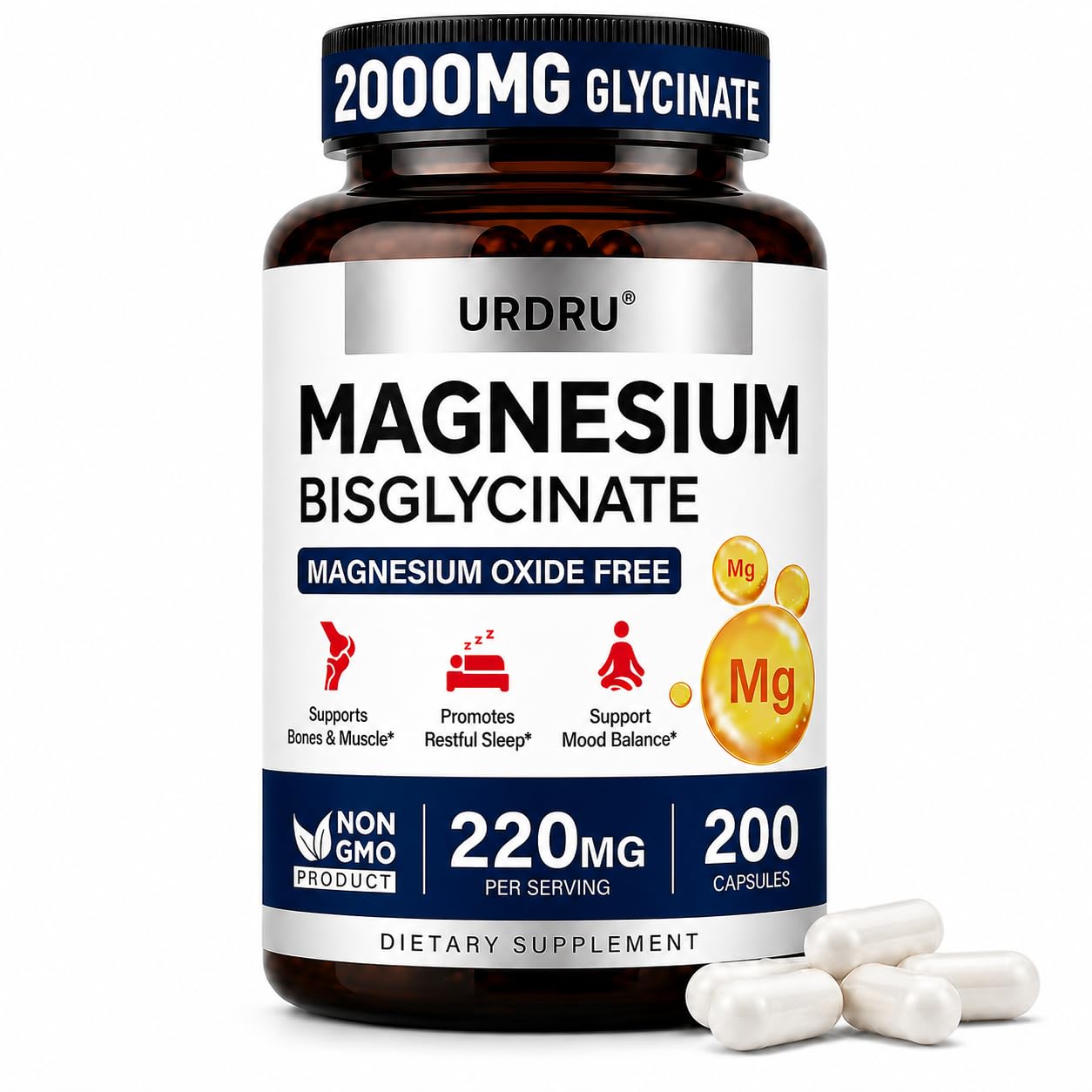 Magnesium Glycinate 2000mg Per Serving, 100% Chelated Magnesium Supplement, High Absorption Magnesium Bisglycinate Chelate Provide 220mg Magnesium, 200 Capsules, 0 Size Capsules