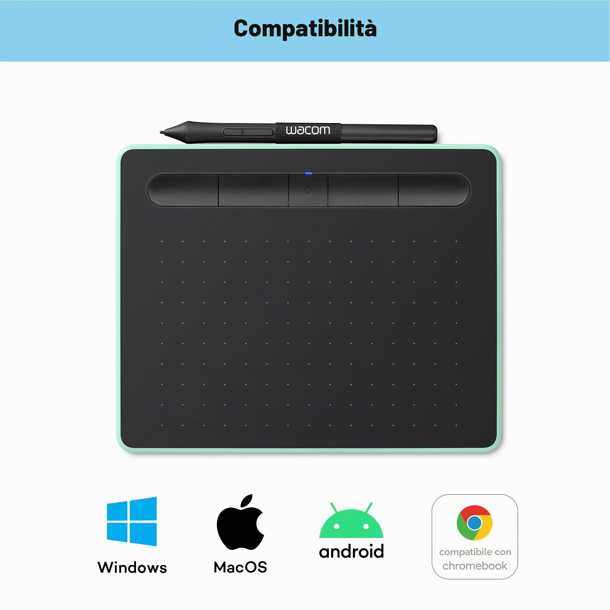 Wacom Ctl-4100Wle-S Intuos Bluetooth, Tavoletta Grafica Con Penna, Software Creativo e Bluetooth Inclusi, Verde Pistacchio, S