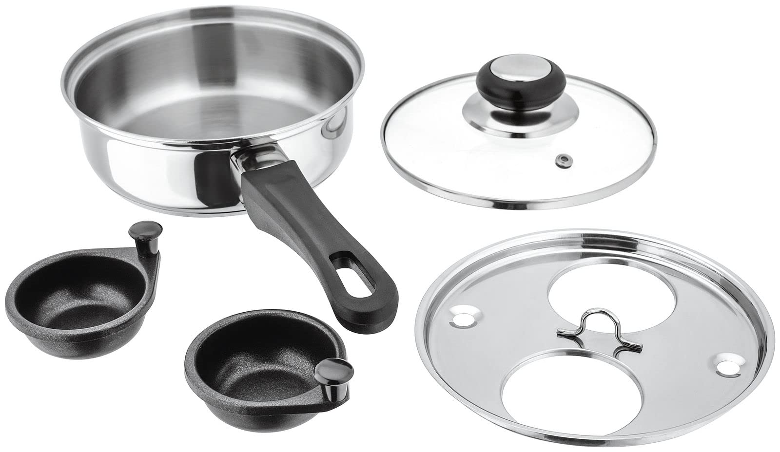 Judge Essentials - Poêle pocheuse à œufs en INOX HP92 - Couvercle en Verre avec Trou Vapeur/Manche thermorésistant - Garantie 10 Ans - 16 cm - 2 Godets