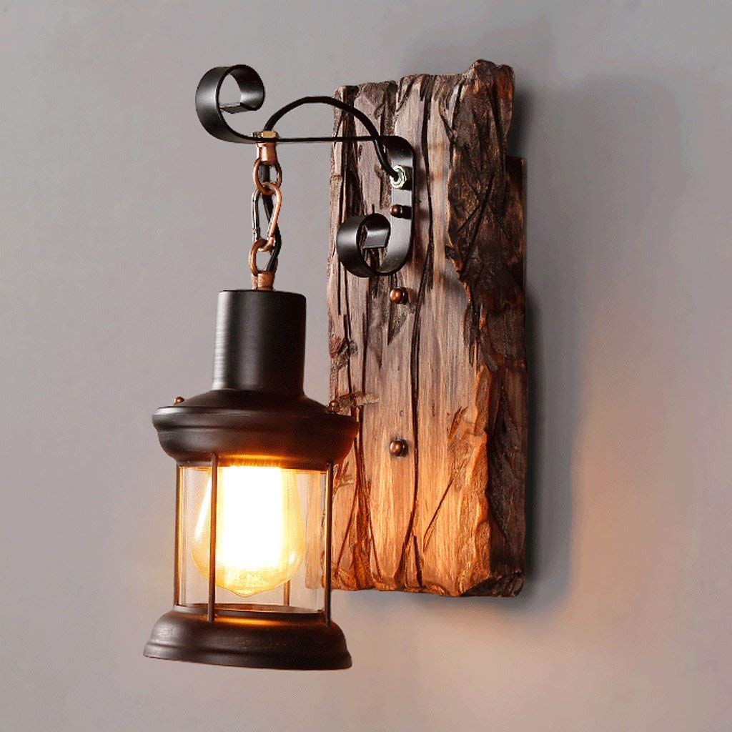 Antik Vintage Industrielle Style Holz Wandleuchte Rustikal Holz Wohnzimmer Wandlampe Metall Glas E27-Fassung Wandbeleuchtung Nachttisch Wandlampe Für Restaurant, Gang,Korridor,Bar,Cafe,1*E27
